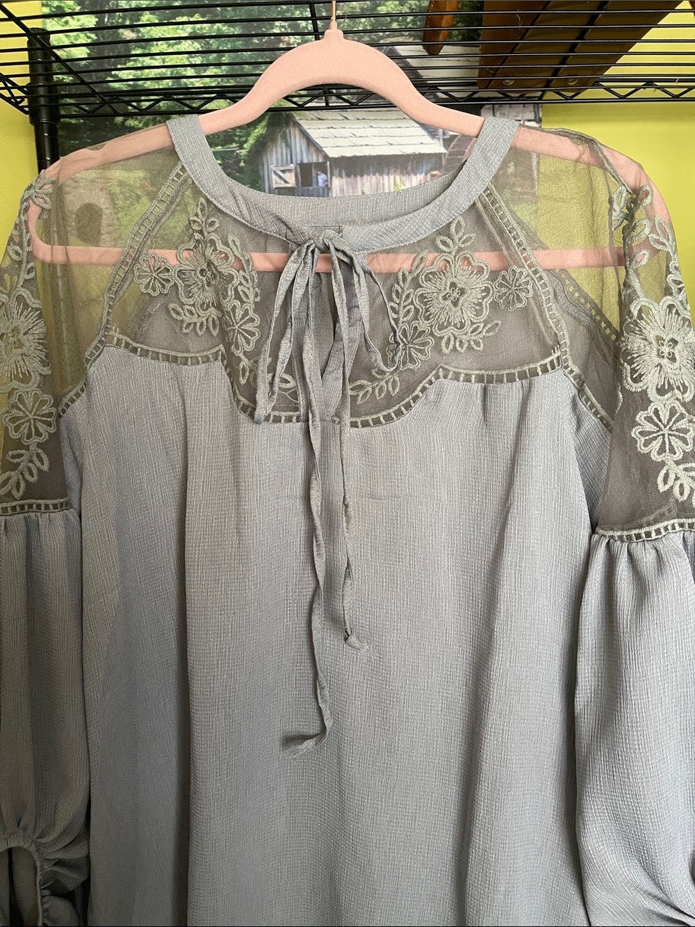 Light Gray Floral Lace Yoke Peasant Top